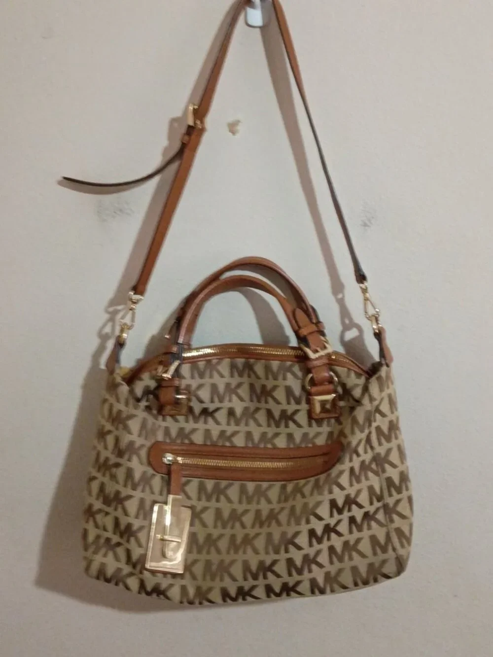 MICHAEL KORS Large Satchel MK Signature Tangerine Leather Jacquard Bag Canvas